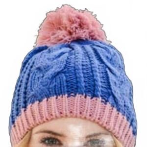 NEW LETO women's two tone pom pom cable knit beanie in blue & pink